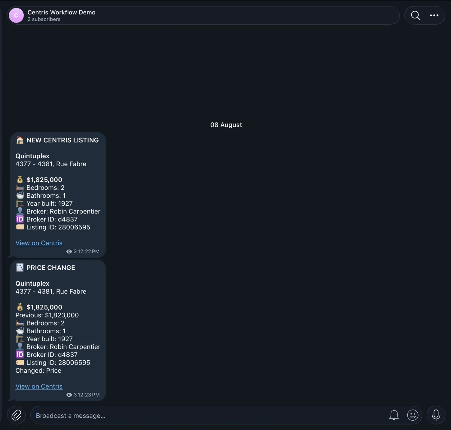 Telegram channel showing a new Centris listing alert and a subsequent price-change alert for the same property